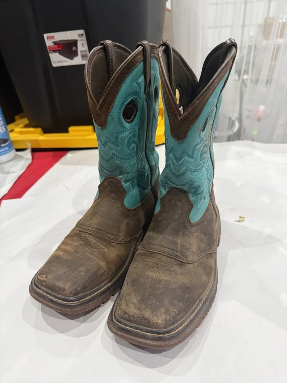 Turquoise and Brown Western Work Boots